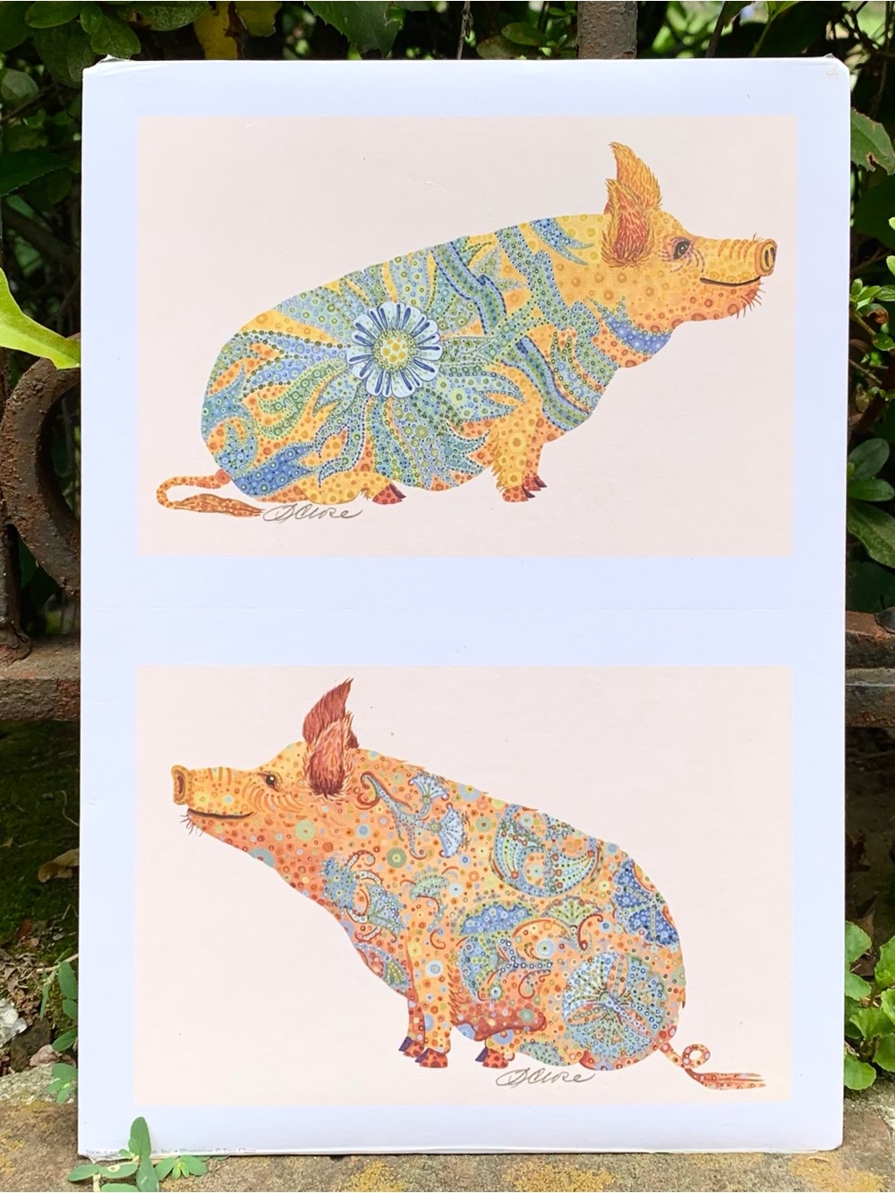 Vintage 2001 Tina Close Floral / Mandala Pigs Fine Art Print Set
